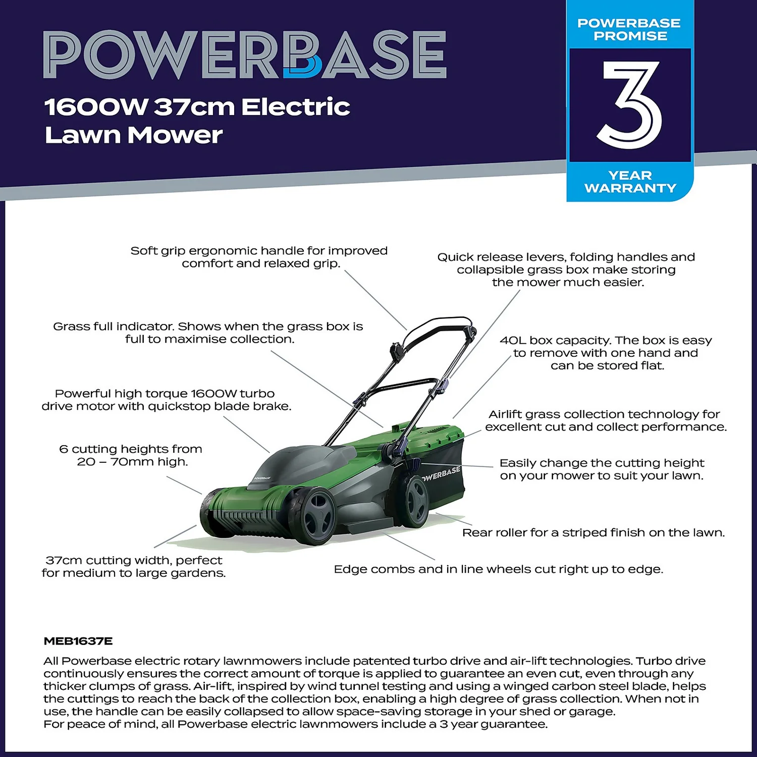 Powerbase 1600W Electric Lawn Mower - 37cm 2 Powerbase 1600W Electric Lawn Mower - 37cm - Image 2